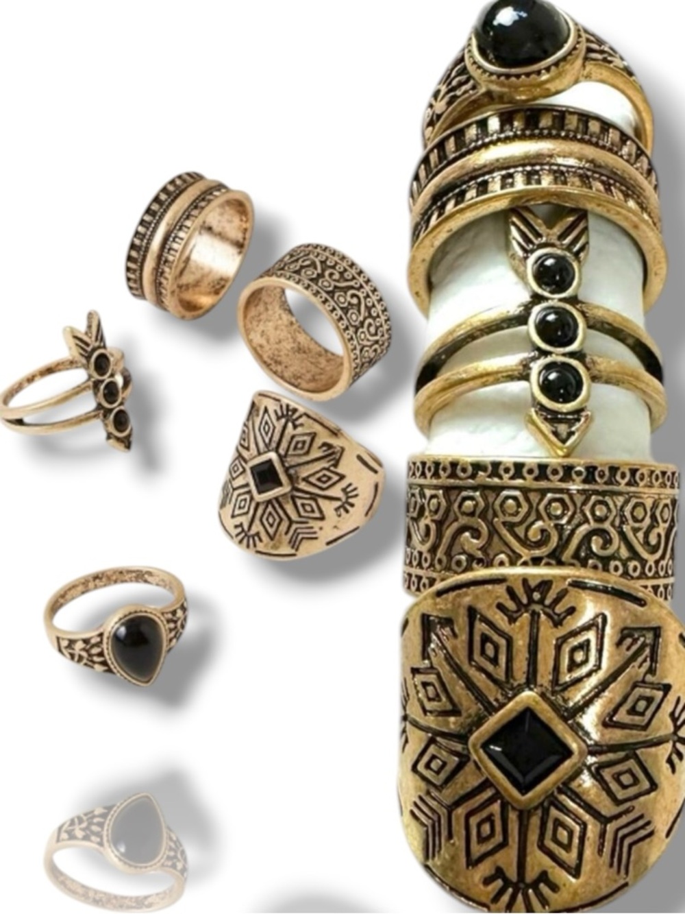 Free People Count Your Lucky Stars Ring Set in Antique Gold Onyx Bohemian Witchy